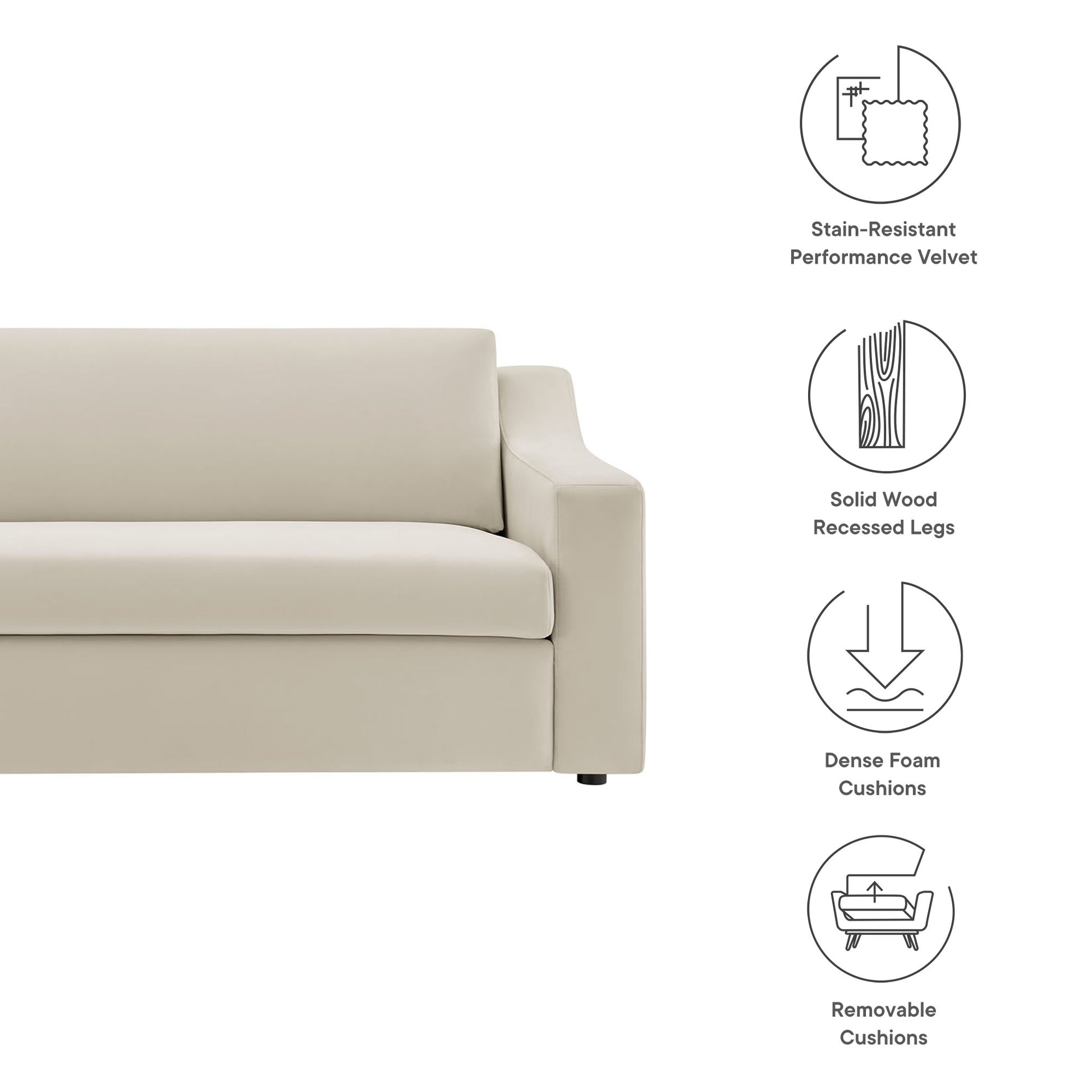 White velvet sofa with clean lines, low arm, solid wood recessed legs, dense foam cushions, removable cushions.