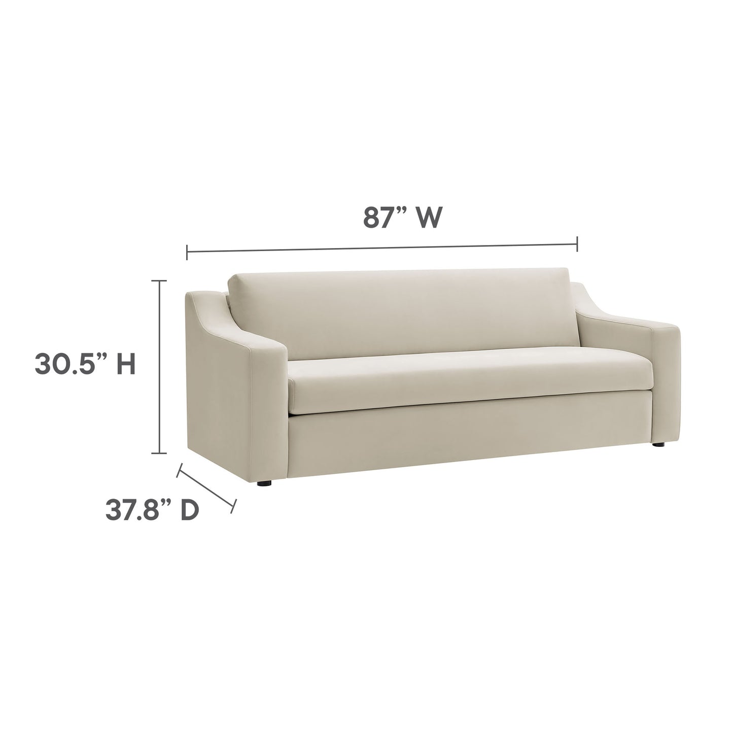 Beige fabric sofa, contemporary 3-seat with squared arms and box cushions; 87"W x 30.5"H x 37.8"D