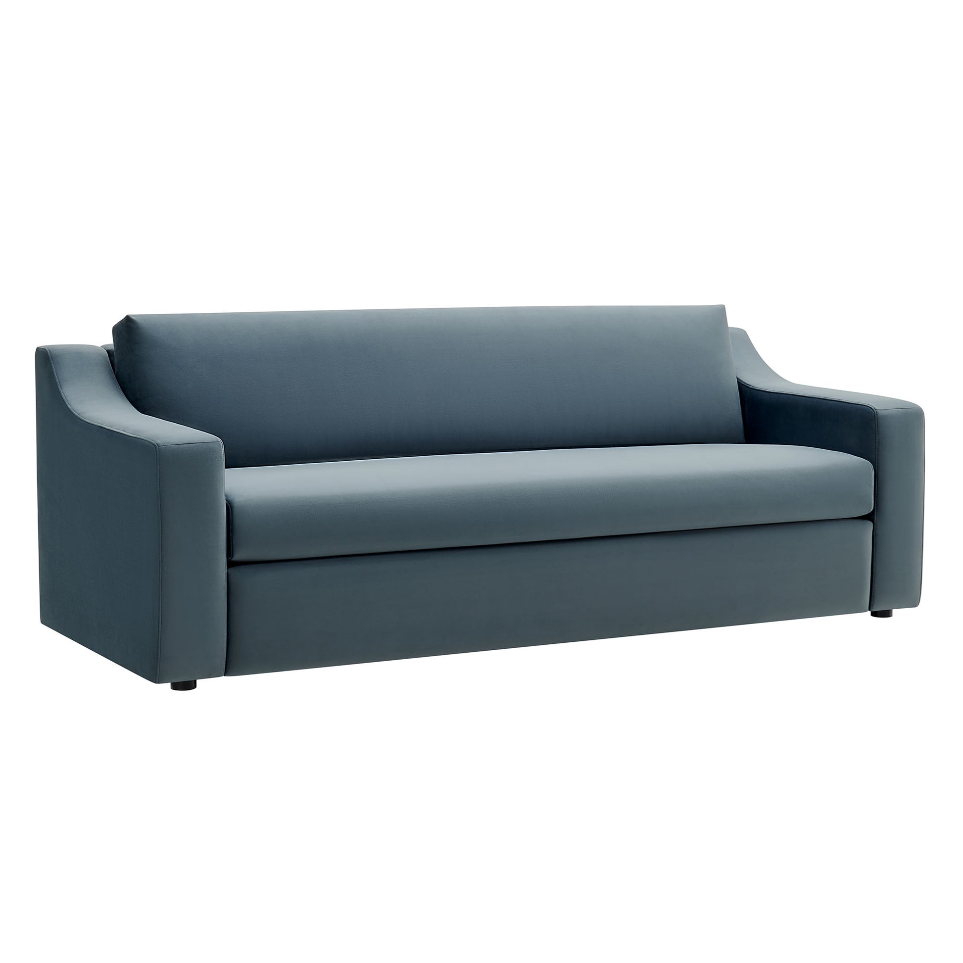 Blue velvet sofa with wide curved arms, cushioned seat and back, modern living-room style.