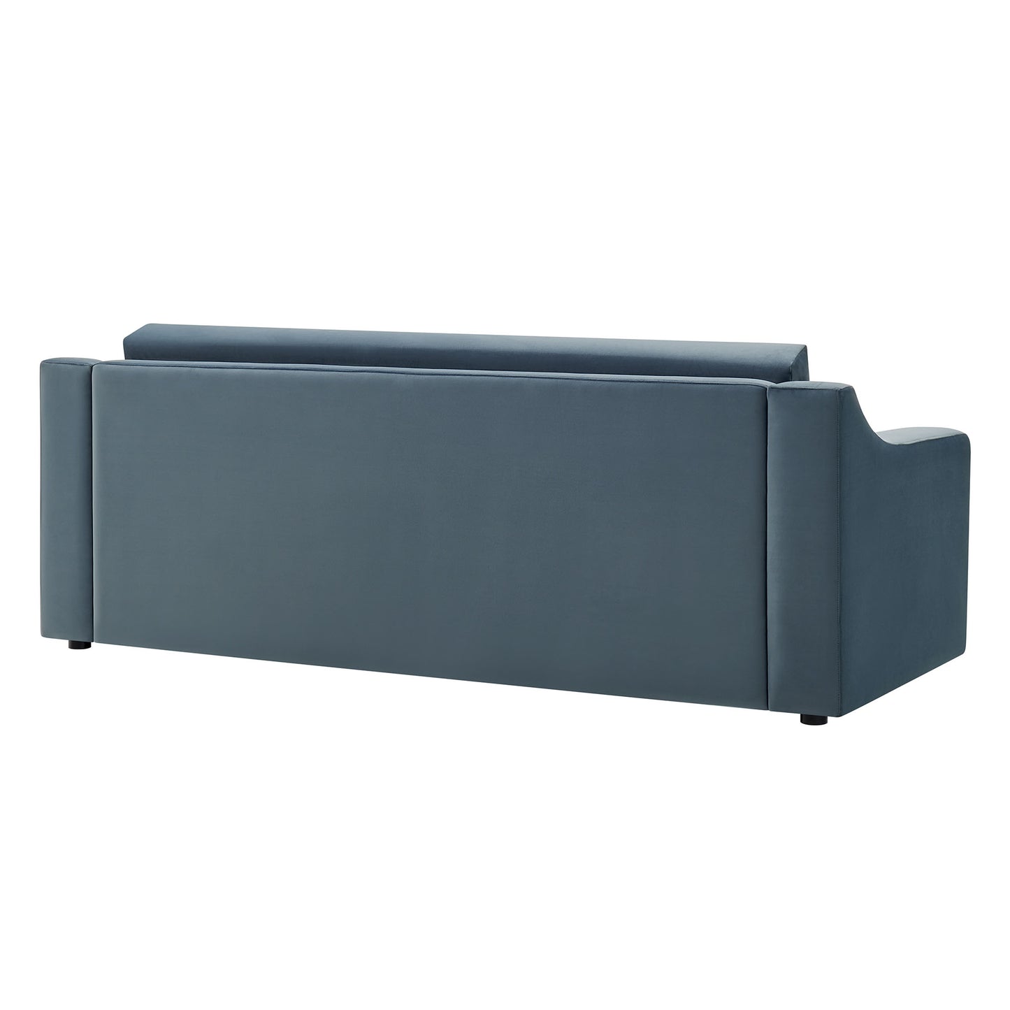 Blue velvet modern sofa viewed from the back, with a low back, rounded right arm, and clean lines for contemporary living spaces.