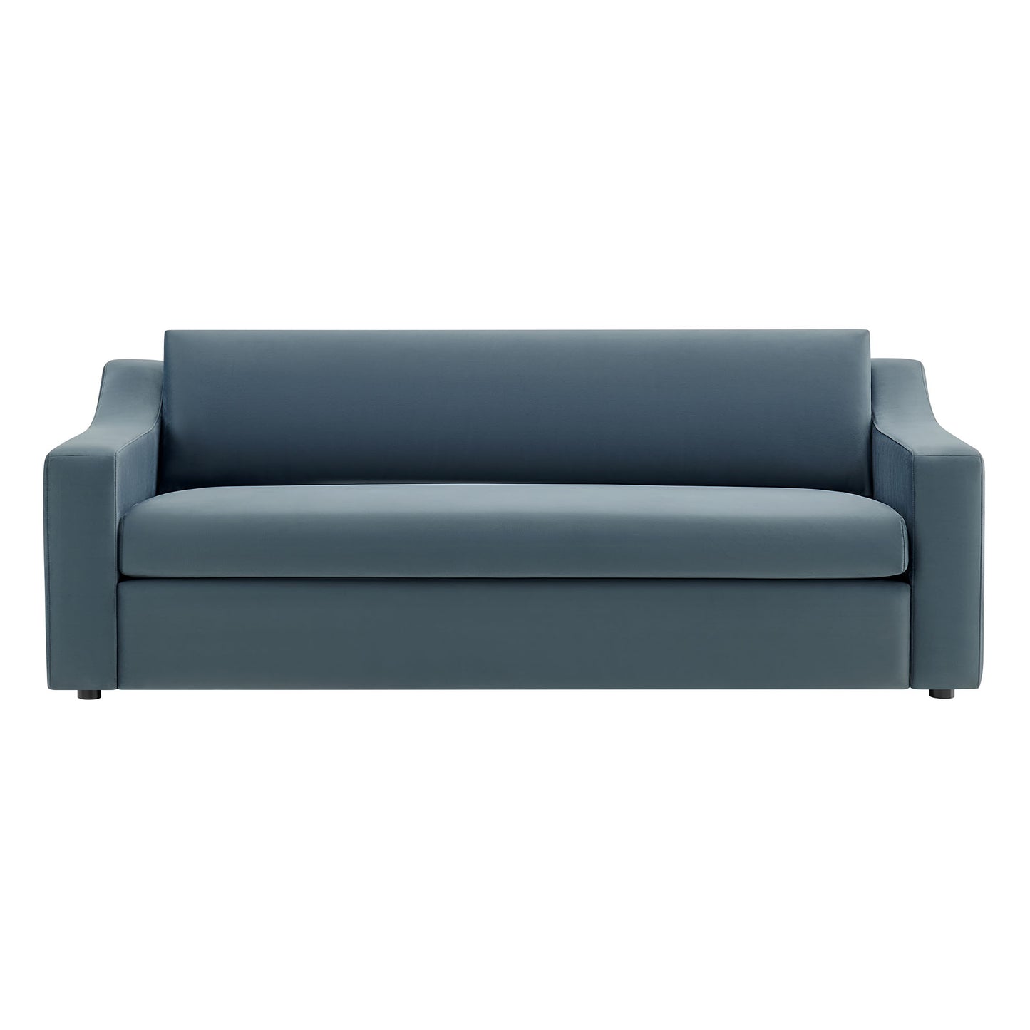 Slate-blue velvet sofa with squared arms and a single long seat cushion, modern two-seater.