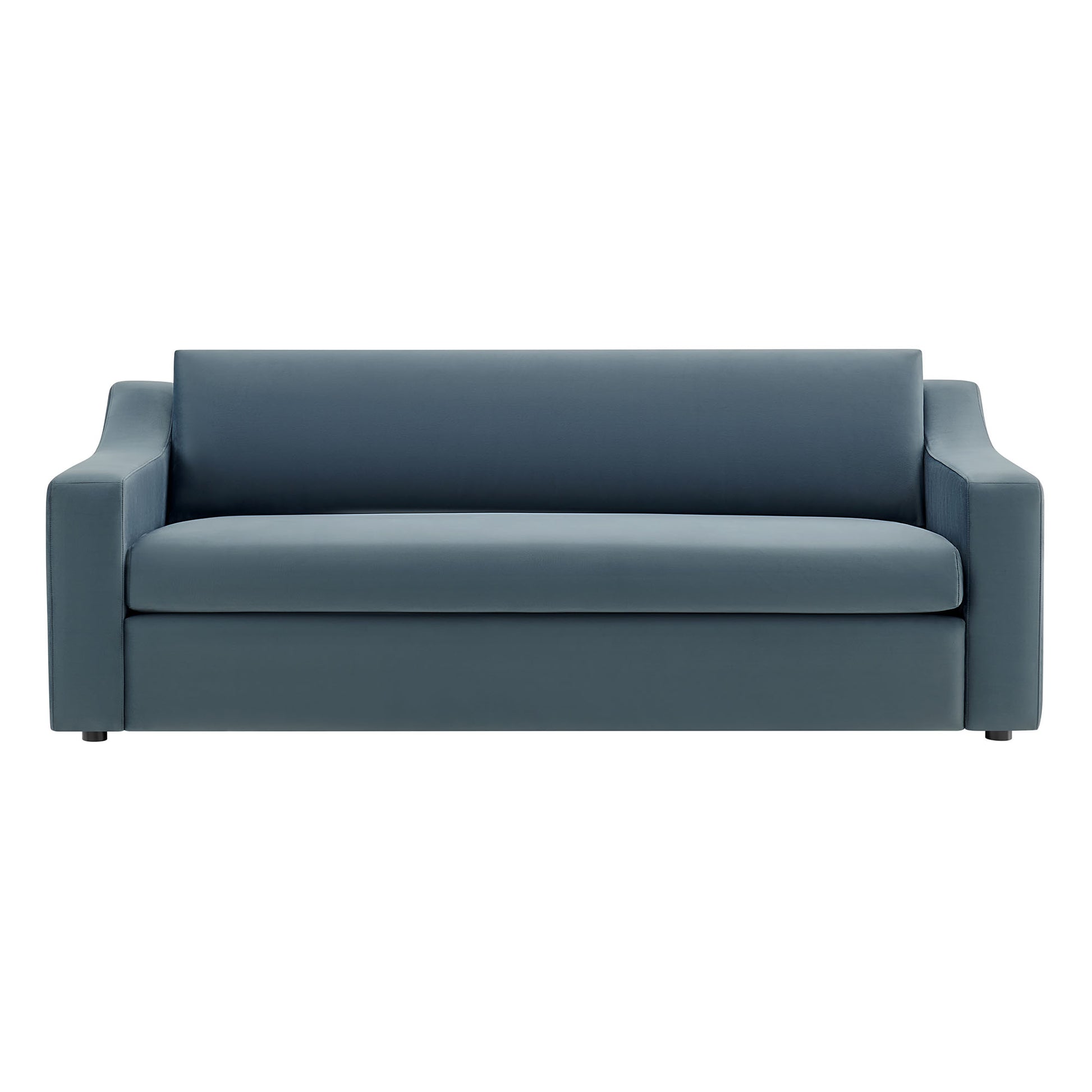 Slate-blue velvet sofa with squared arms and a single long seat cushion, modern two-seater.