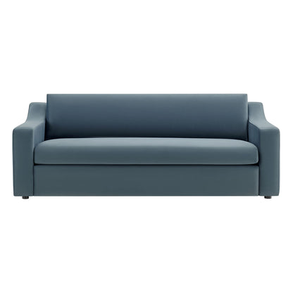 Slate-blue velvet sofa with squared arms and a single long seat cushion, modern two-seater.