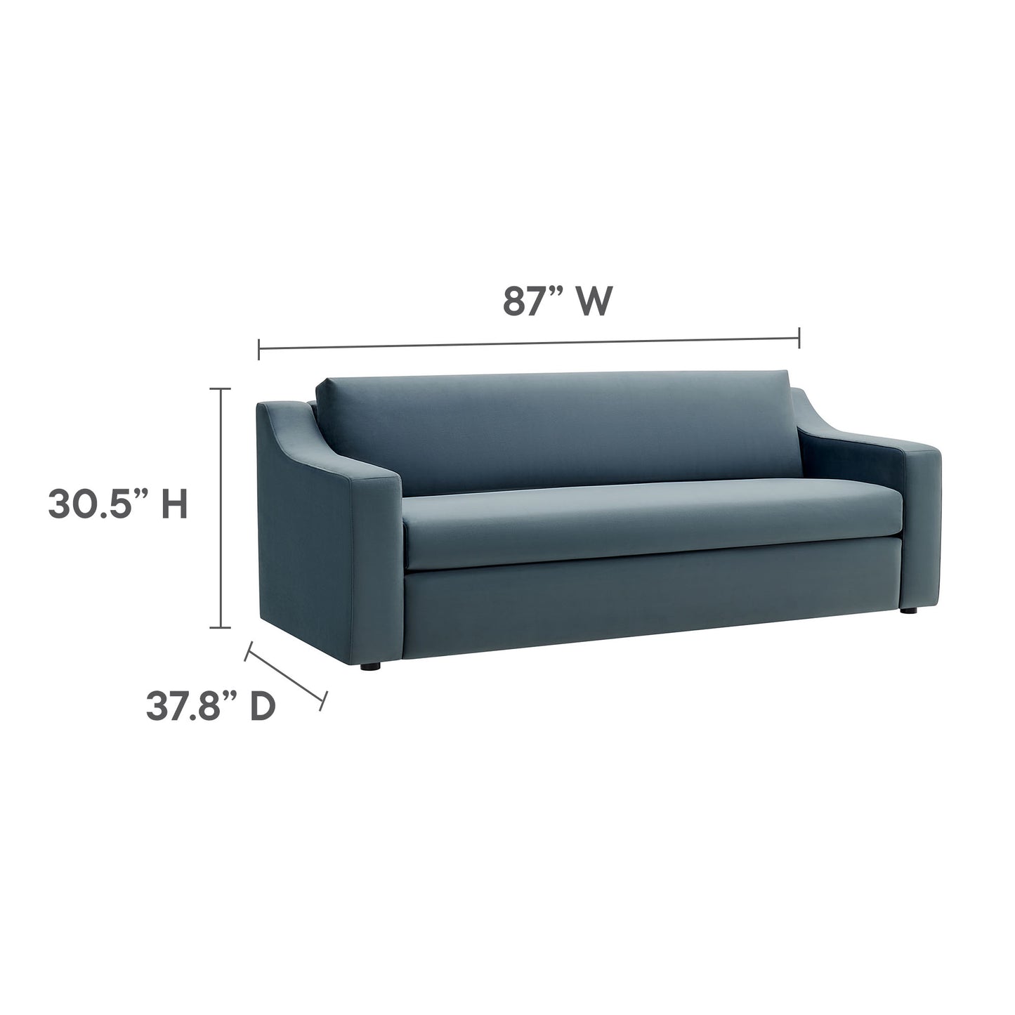 Blue velvet sofa with squared arms and tight back, modern style; 87W x 30.5H x 37.8D.