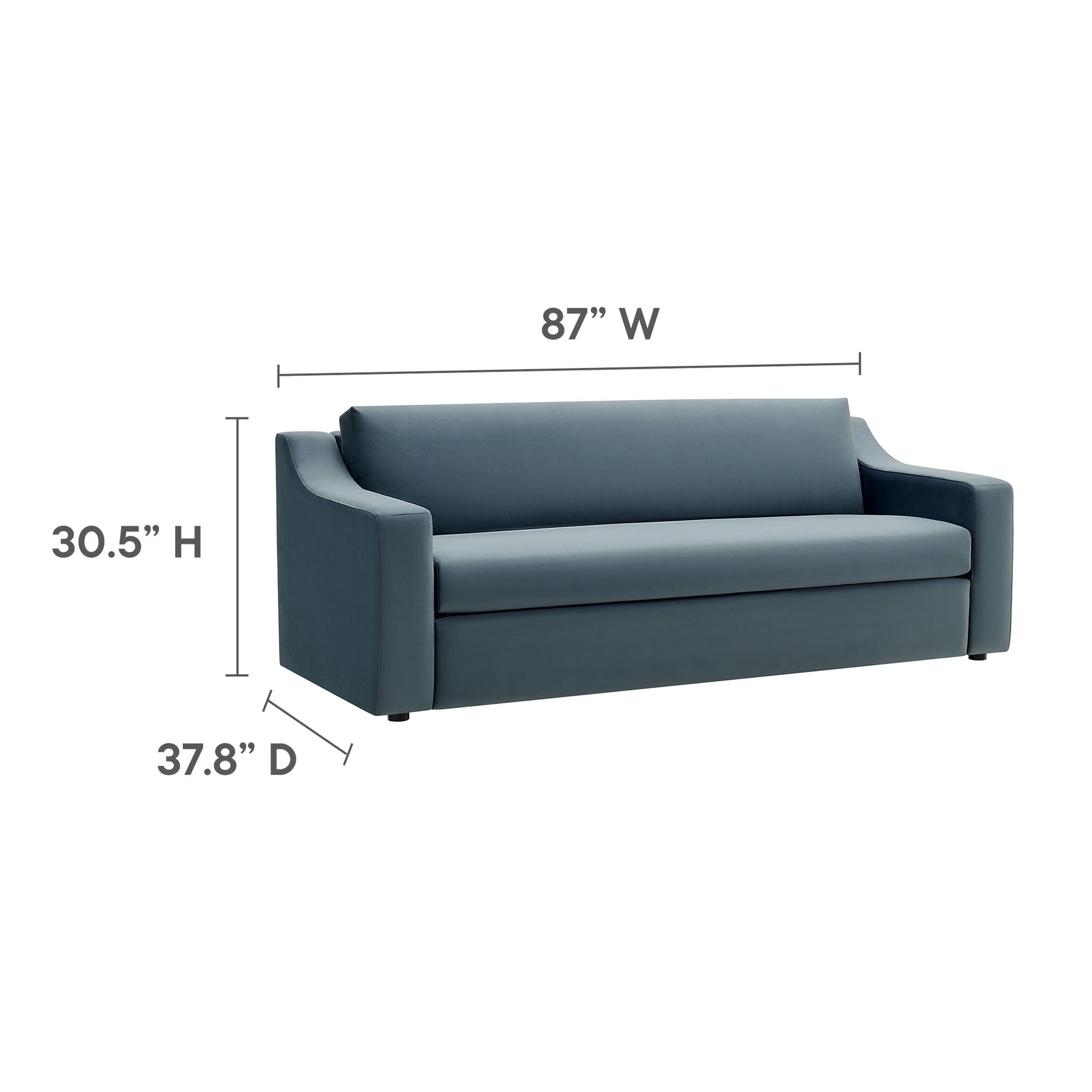 Blue velvet sofa with squared arms and tight back, modern style; 87W x 30.5H x 37.8D.