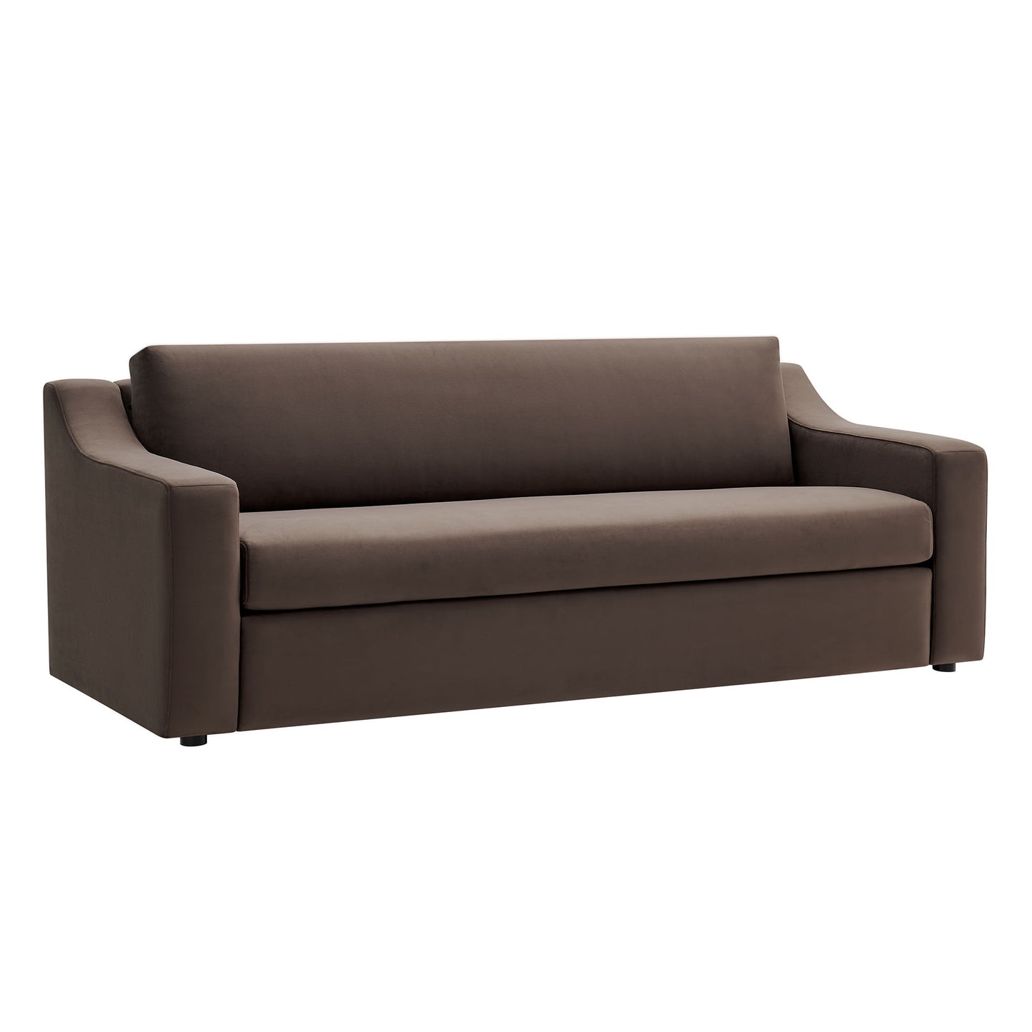 Chocolate brown velvet sofa with low square arms and clean lines, contemporary 3-seat design.
