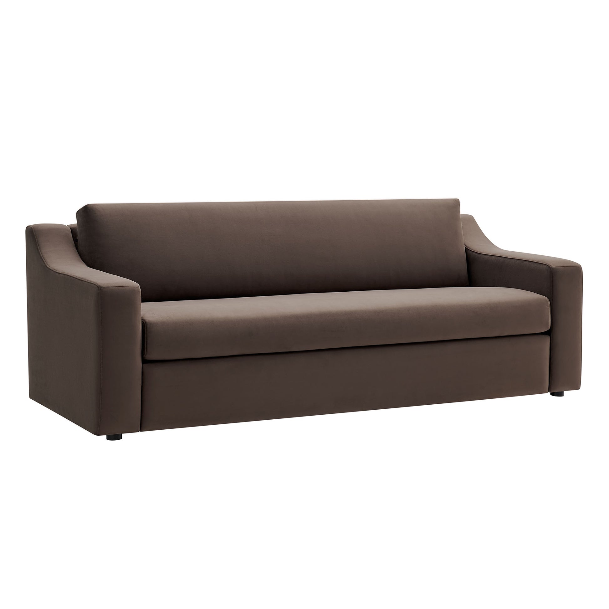 Chocolate brown velvet sofa with low square arms and clean lines, contemporary 3-seat design.