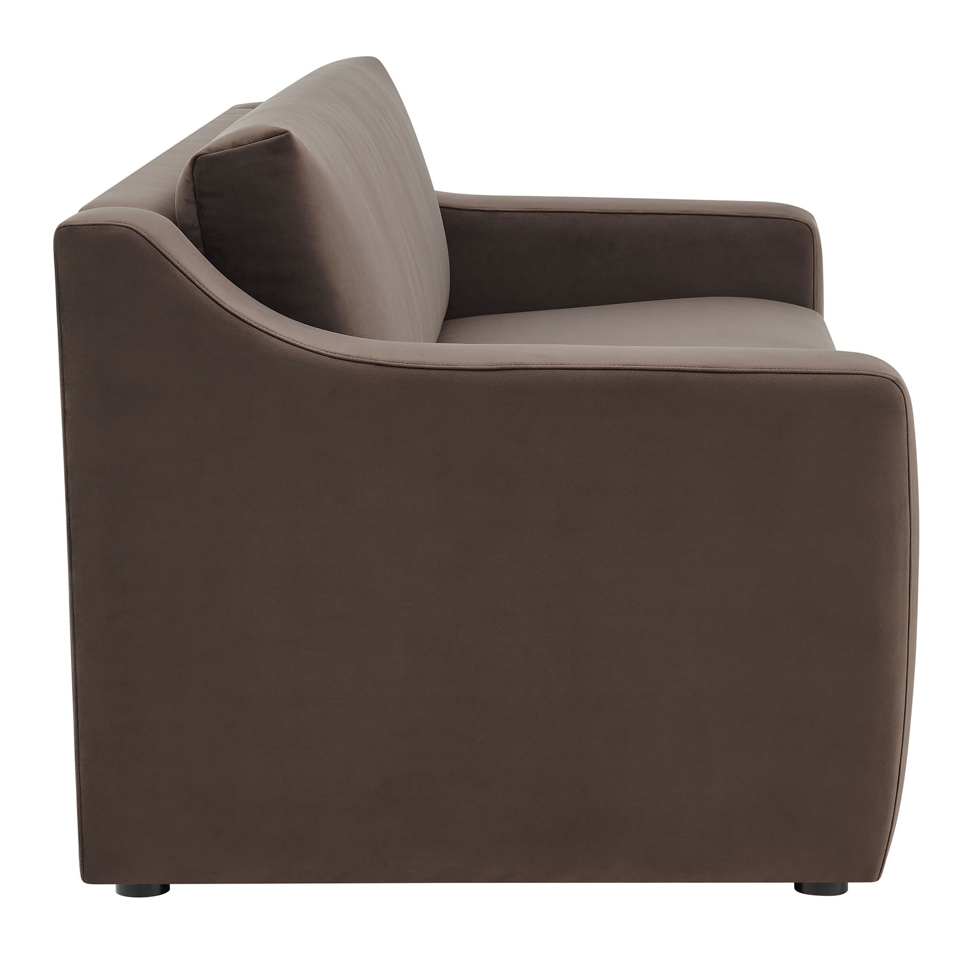 Chocolate brown velvet sofa with curved arms and plush back cushion, compact modern seating.
