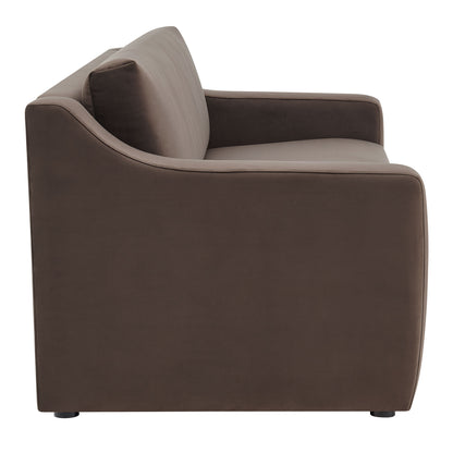 Chocolate brown velvet sofa with curved arms and plush back cushion, compact modern seating.