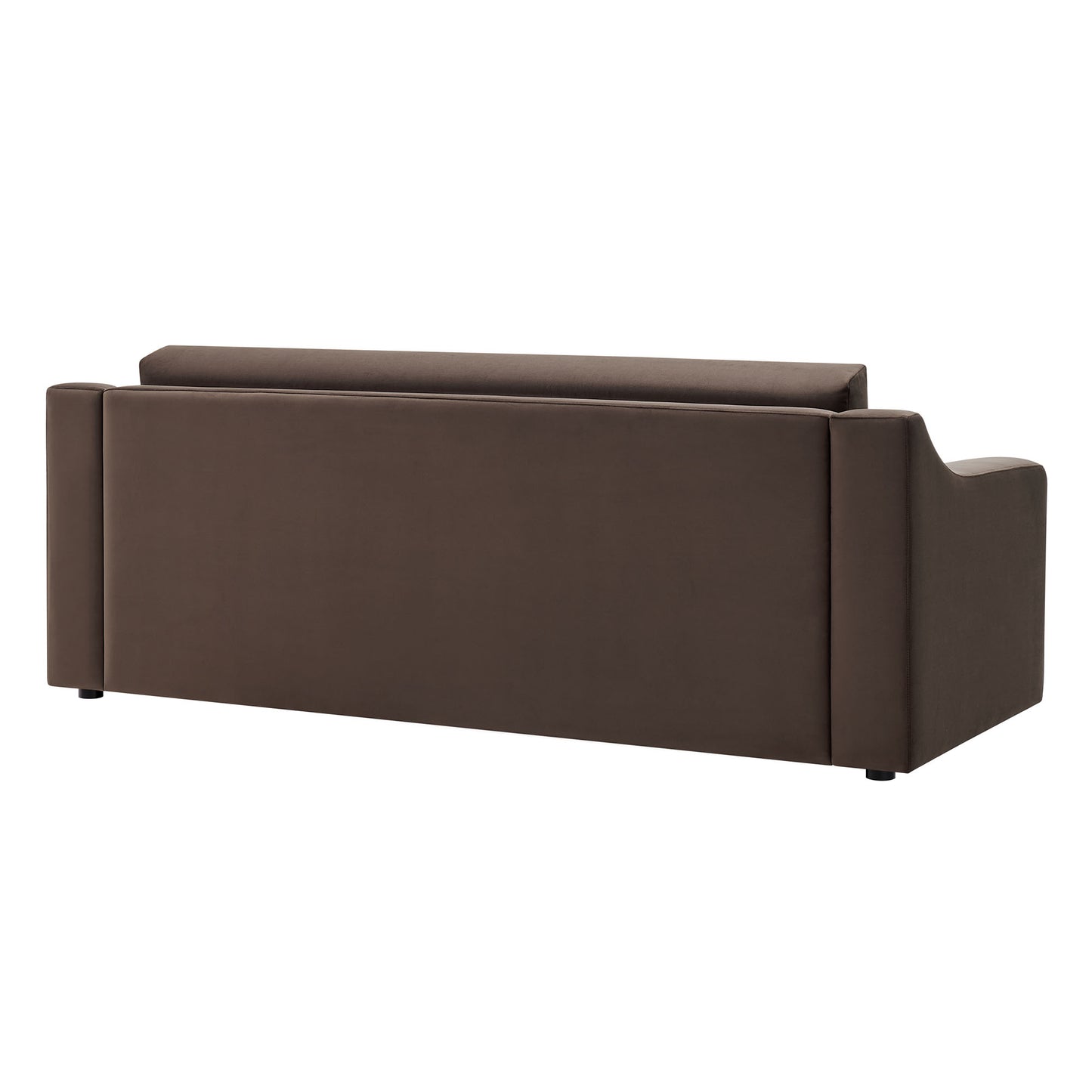 Chocolate brown velvet sofa with low-profile arms and clean lines for a modern living room.