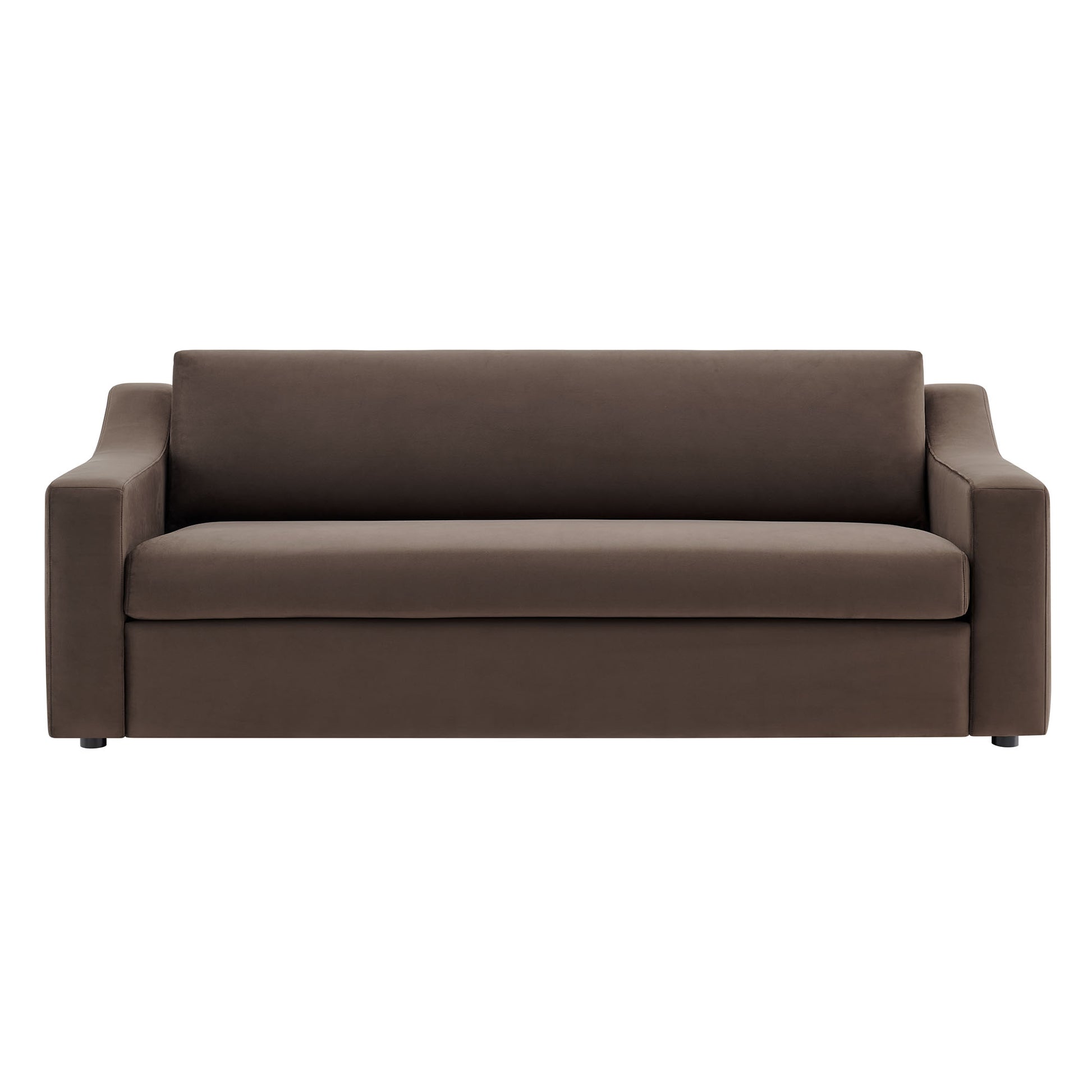 Chocolate brown velvet three-seater sofa with chunky square arms and long cushioned seat.