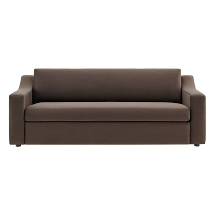 Chocolate brown velvet three-seater sofa with chunky square arms and long cushioned seat.