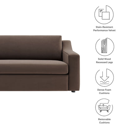 Brown stain-resistant velvet sofa with square arm, dense foam cushions, solid wood recessed legs, removable cushions.