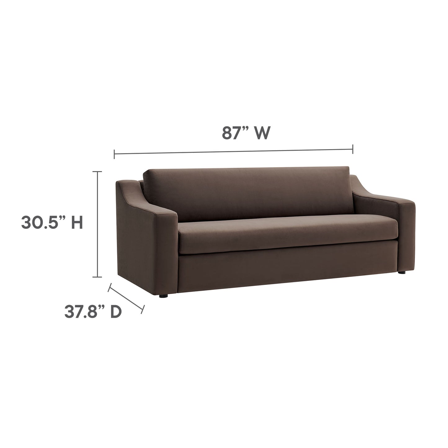 Brown velvet sofa with clean lines and square arms; cushioned back, 87" W x 30.5" H x 37.8" D.