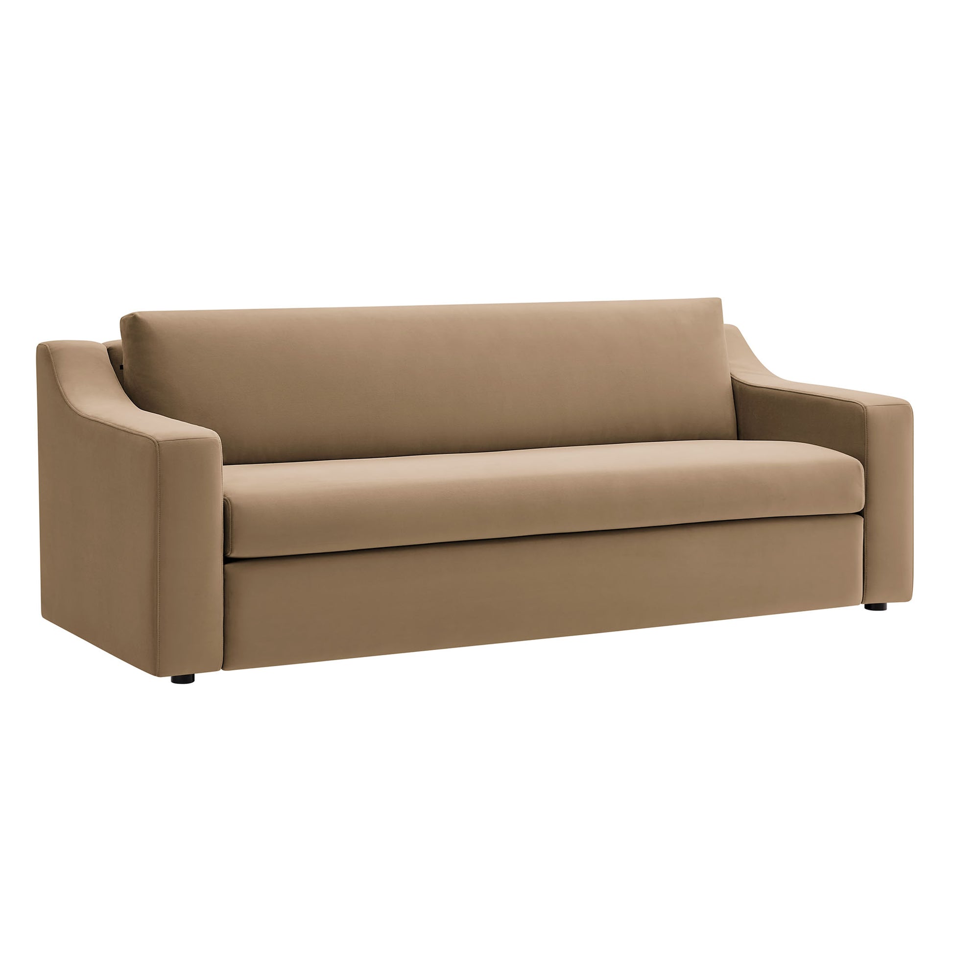 Taupe fabric sofa with wide rounded arms, plush back and seat cushions, clean-lined contemporary silhouette.