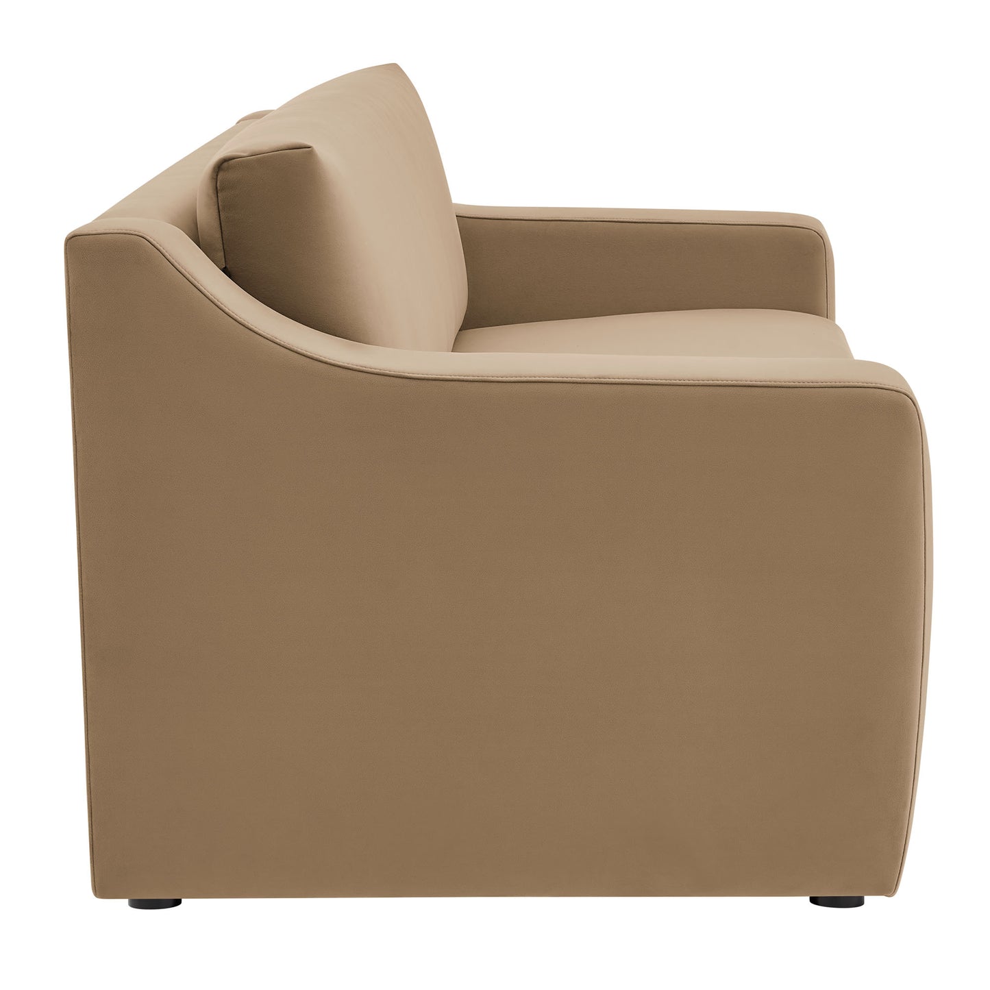 Brown performance velvet sofa with rounded arms, single seat cushion & back cushion, low-profile silhouette, dark legs.