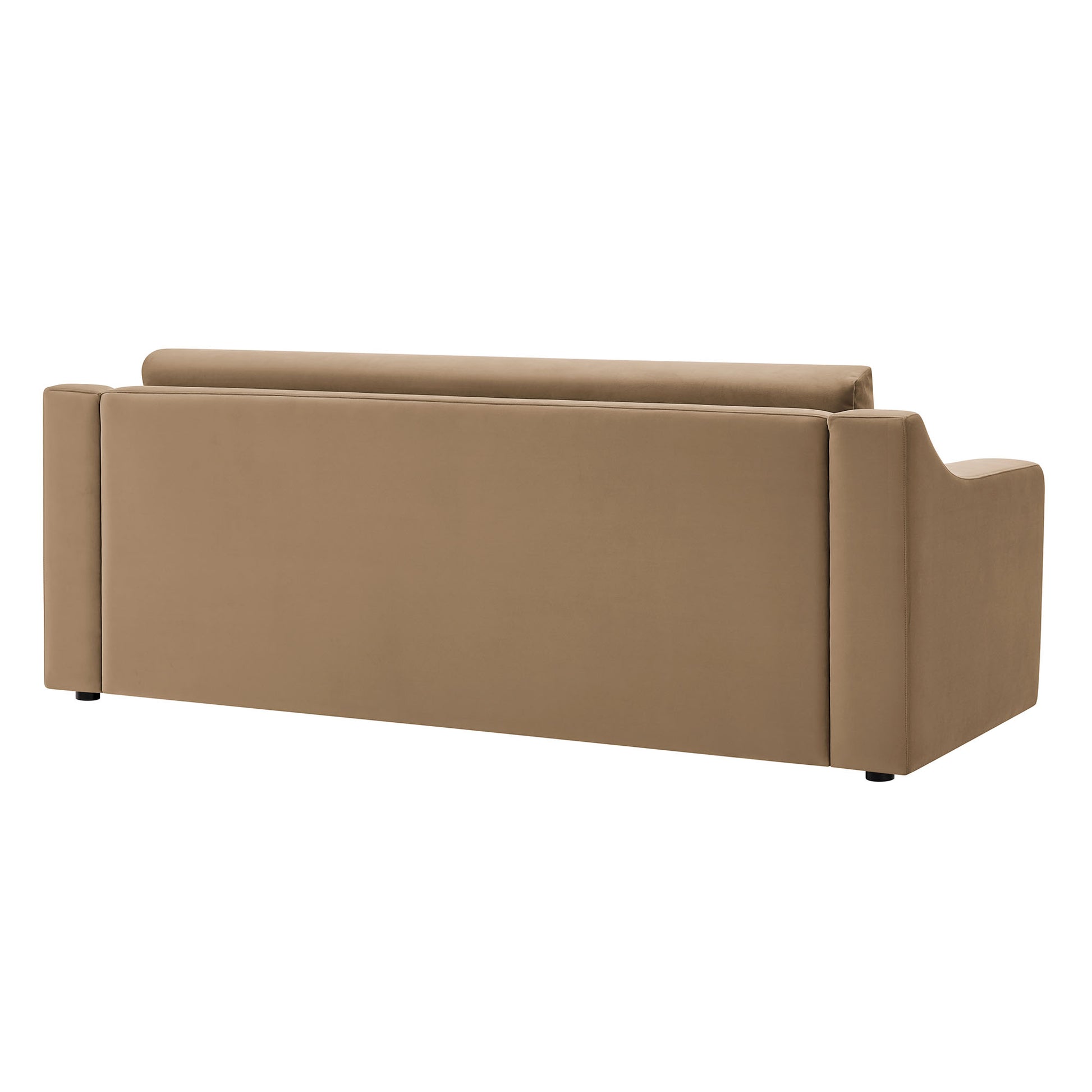 Back view of taupe velvet sofa with low rounded arms and clean rectangular silhouette.