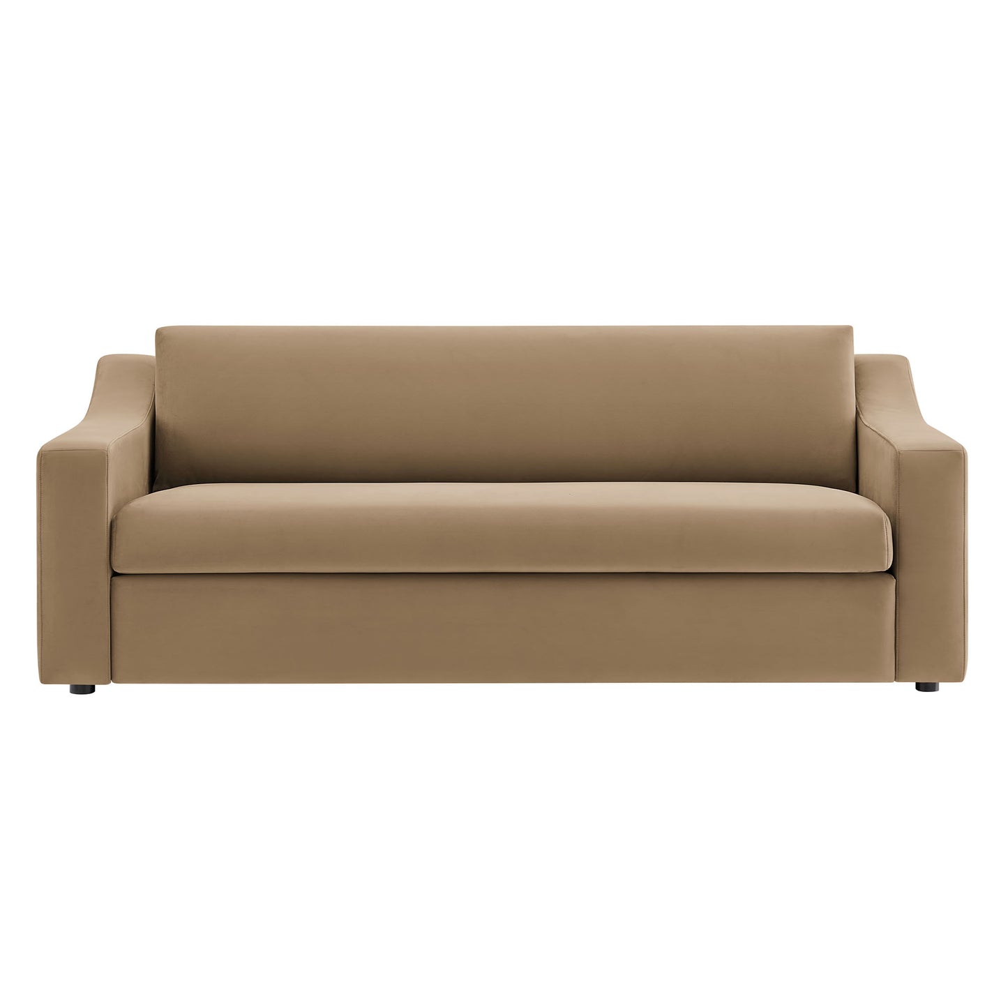 Taupe velvet sofa with wide block arms and clean modern lines, cushioned seat for living room.