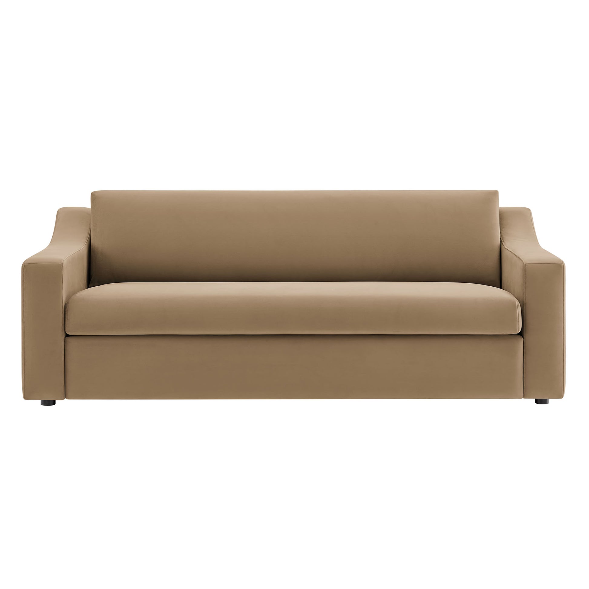 Taupe velvet sofa with wide block arms and clean modern lines, cushioned seat for living room.