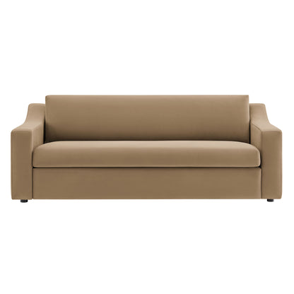 Taupe velvet sofa with wide block arms and clean modern lines, cushioned seat for living room.