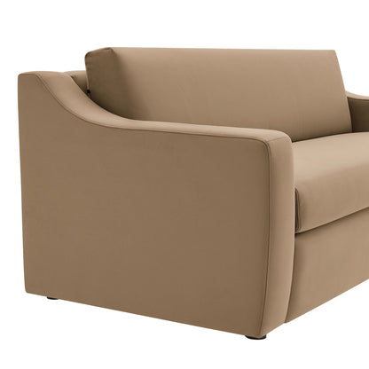 Taupe upholstered sofa with rounded armrests and plush cushions, modern style.