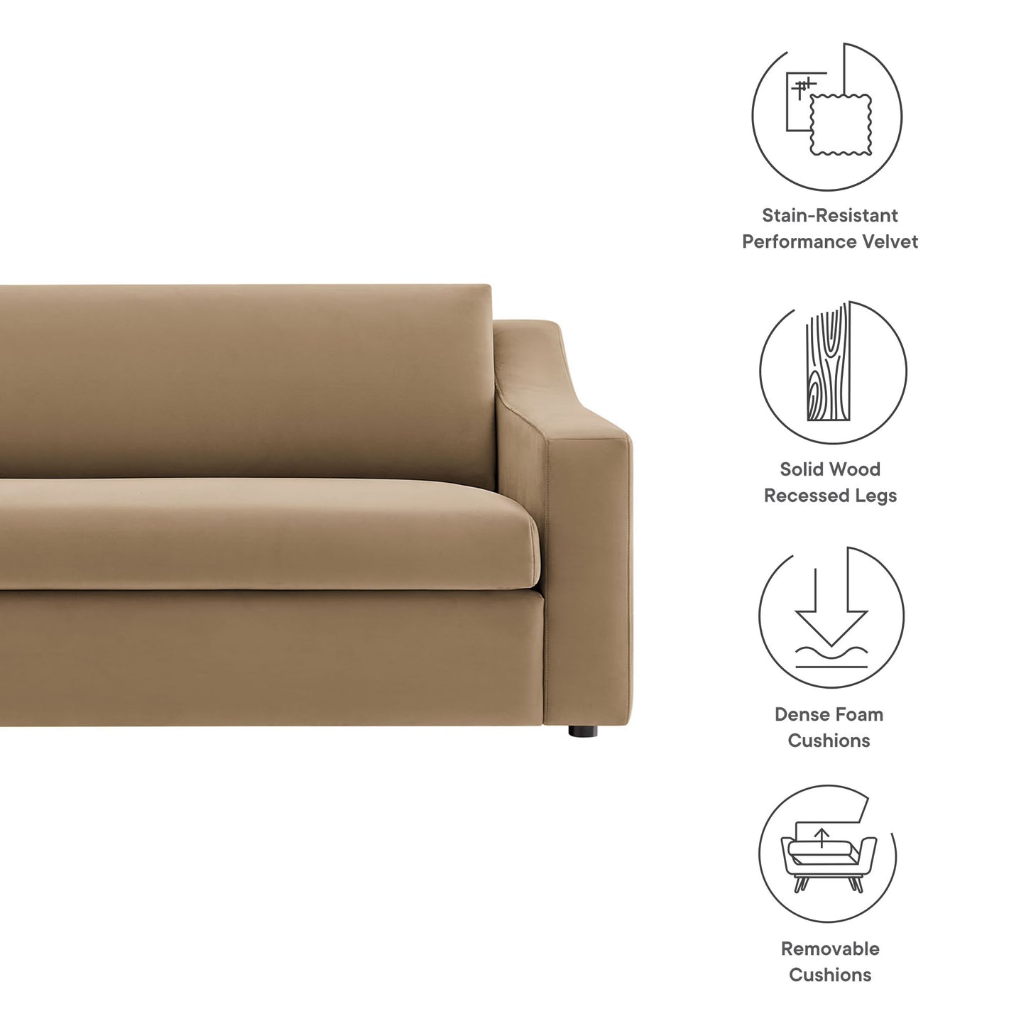 Taupe velvet sofa with clean lines and low-profile arms, solid wood recessed legs, dense foam cushions, removable cushions.