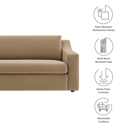 Taupe velvet sofa with clean lines and low-profile arms, solid wood recessed legs, dense foam cushions, removable cushions.