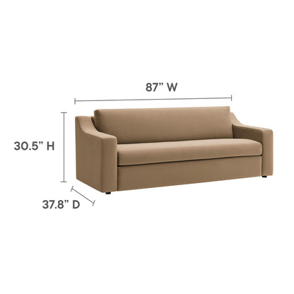 Taupe velvet 3-seat sofa with wide arms and plush cushions; modern contemporary style.