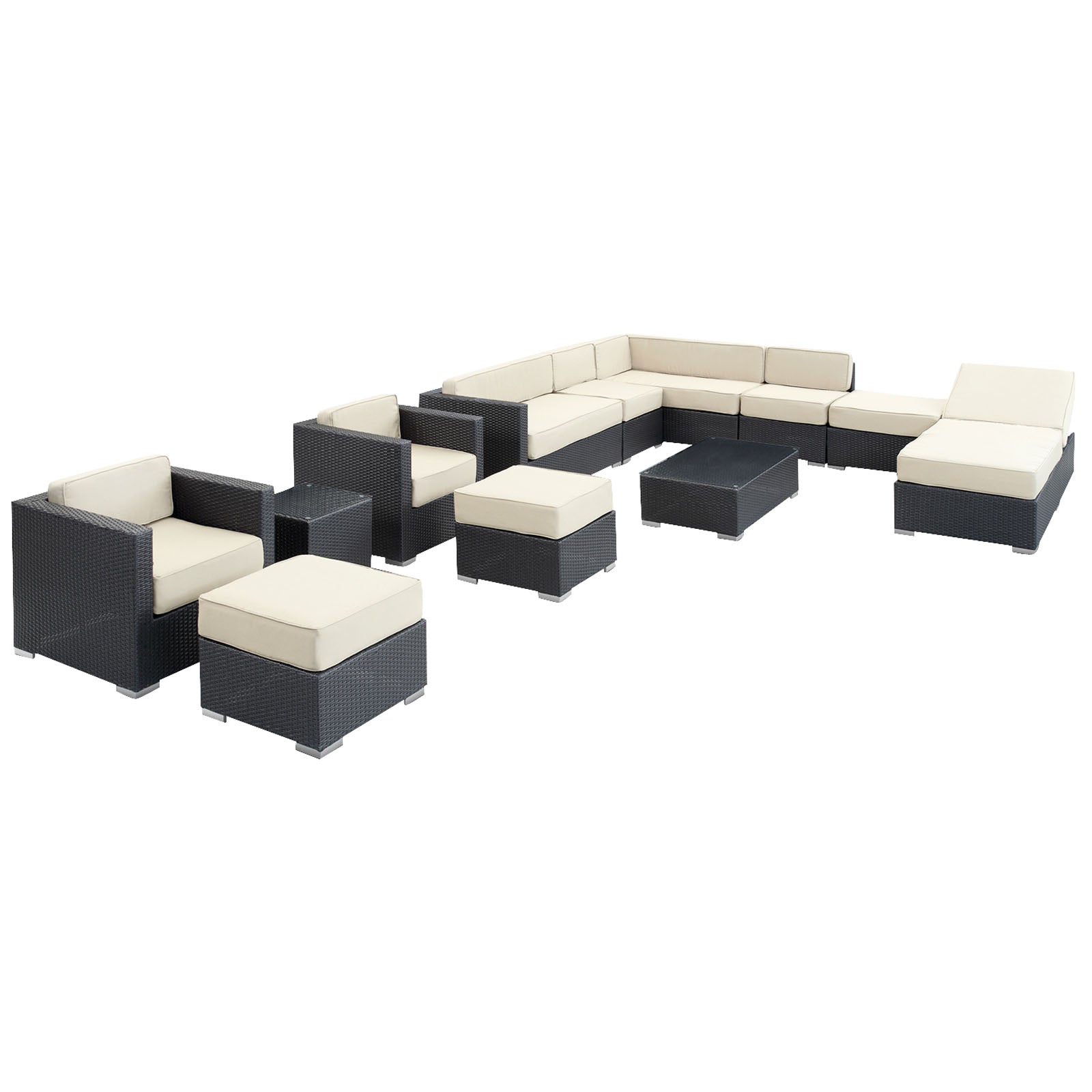 Dark wicker outdoor sectional with cream cushions; modular set includes corner, armless units and ottomans for seating.