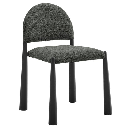 Gray upholstered dining side chair with rounded back and black tapered legs.
