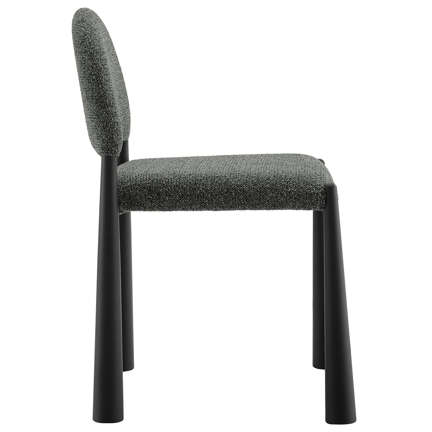 Modern dining chair with textured gray upholstery and black metal legs.