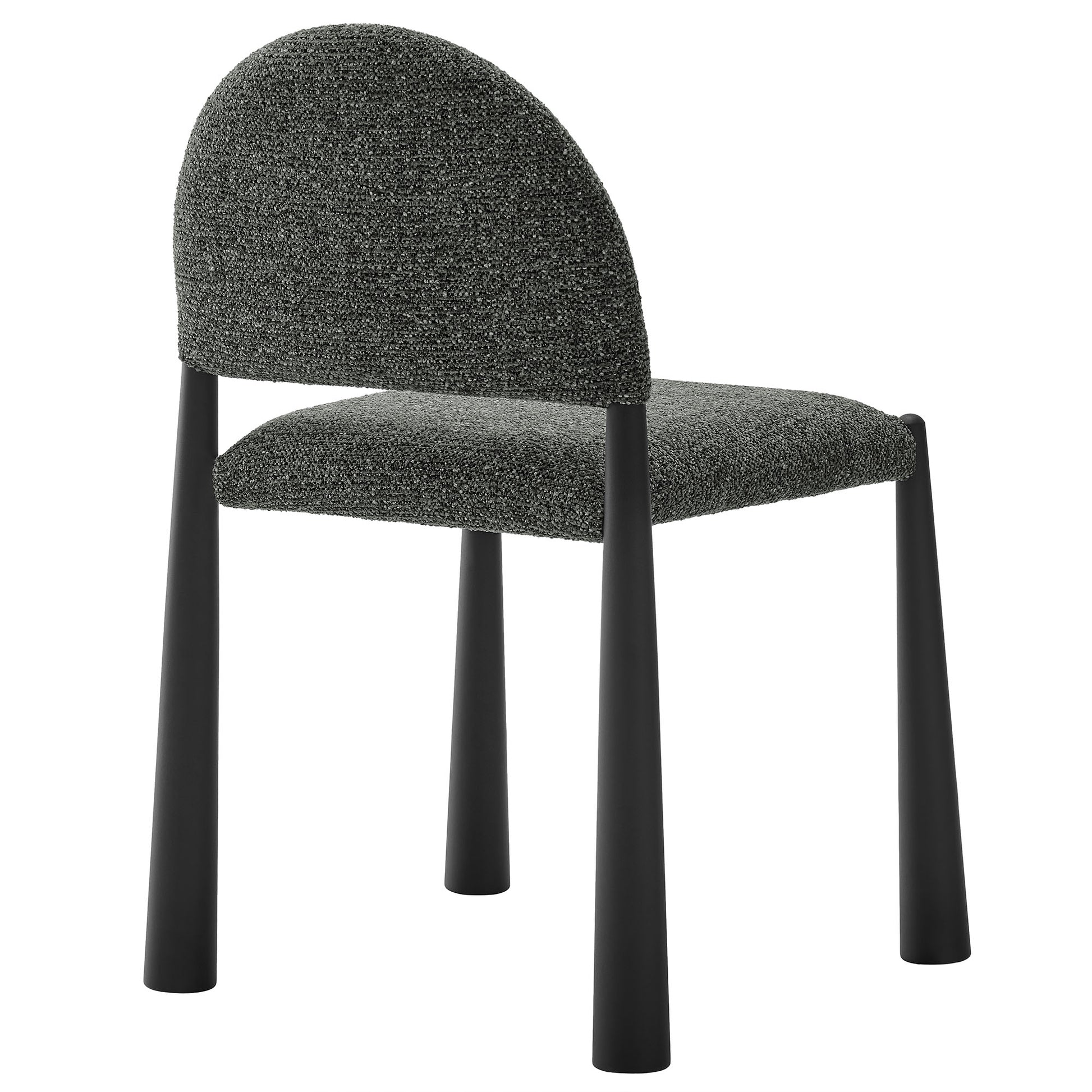Charcoal fabric upholstered dining side chair with a rounded back, rectangular seat, and black tapered legs.