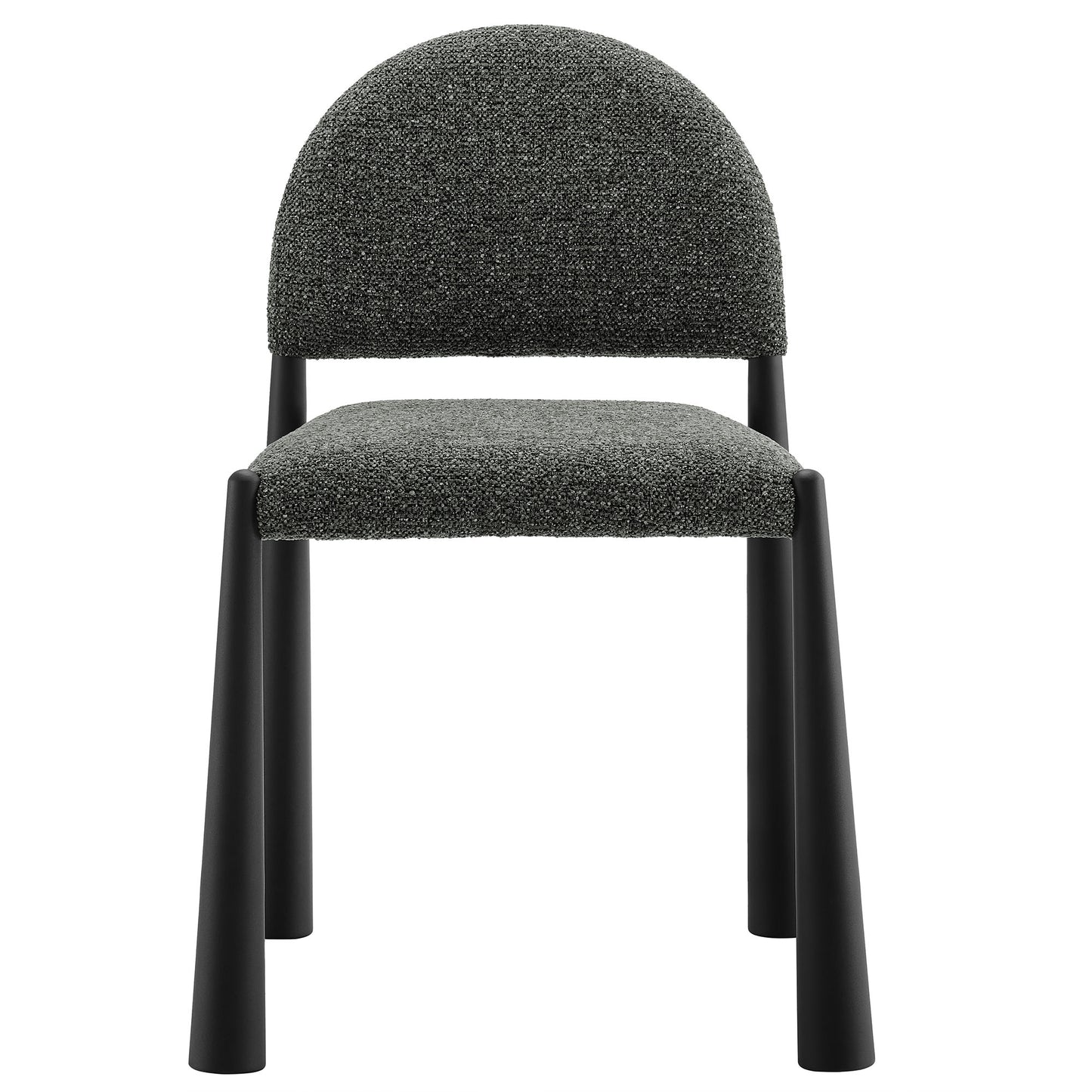 Dark gray tweed upholstered dining chair with a rounded back and black metal legs.