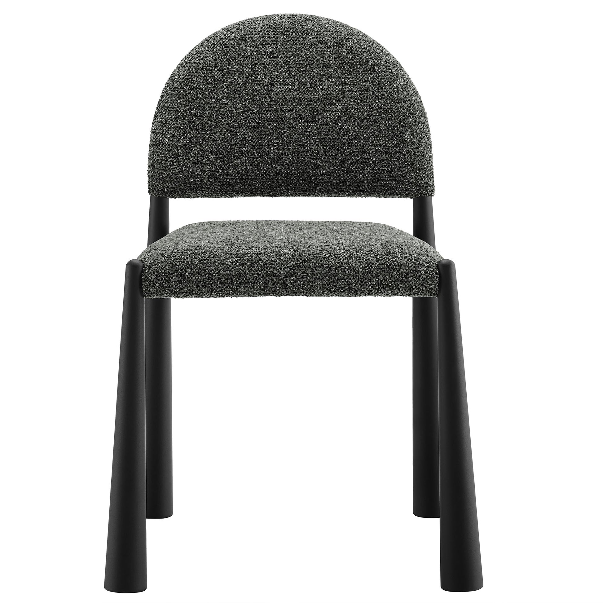 Dark gray tweed upholstered dining chair with a rounded back and black metal legs.
