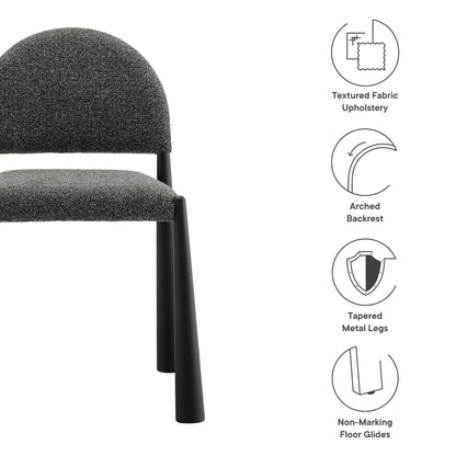 Dark gray textured fabric dining side chair with arched backrest & tapered metal legs; non-marking floor glides.