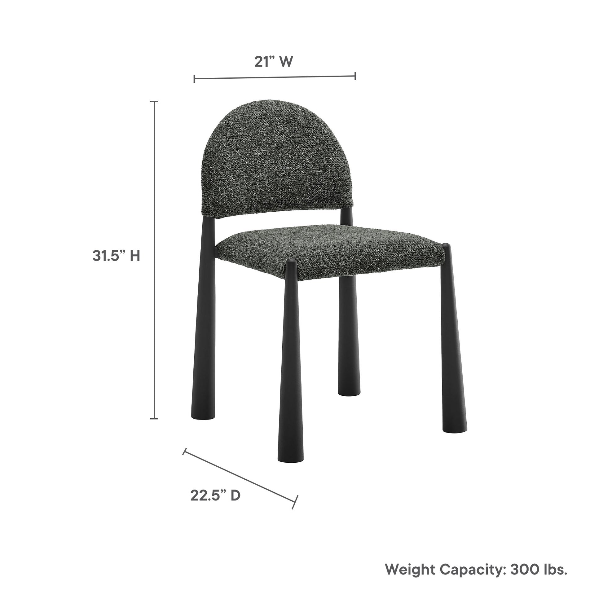 Charcoal fabric dining chair with rounded back and black tapered legs; 21"W x 31.5"H x 22.5"D.