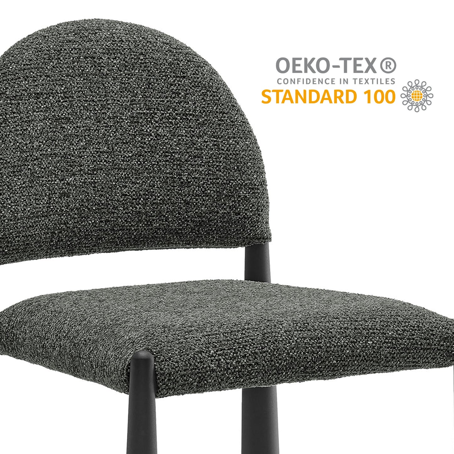 Gray textured fabric dining side chair with rounded back and padded seat, black legs, OEKO-TEX STANDARD 100 badge.