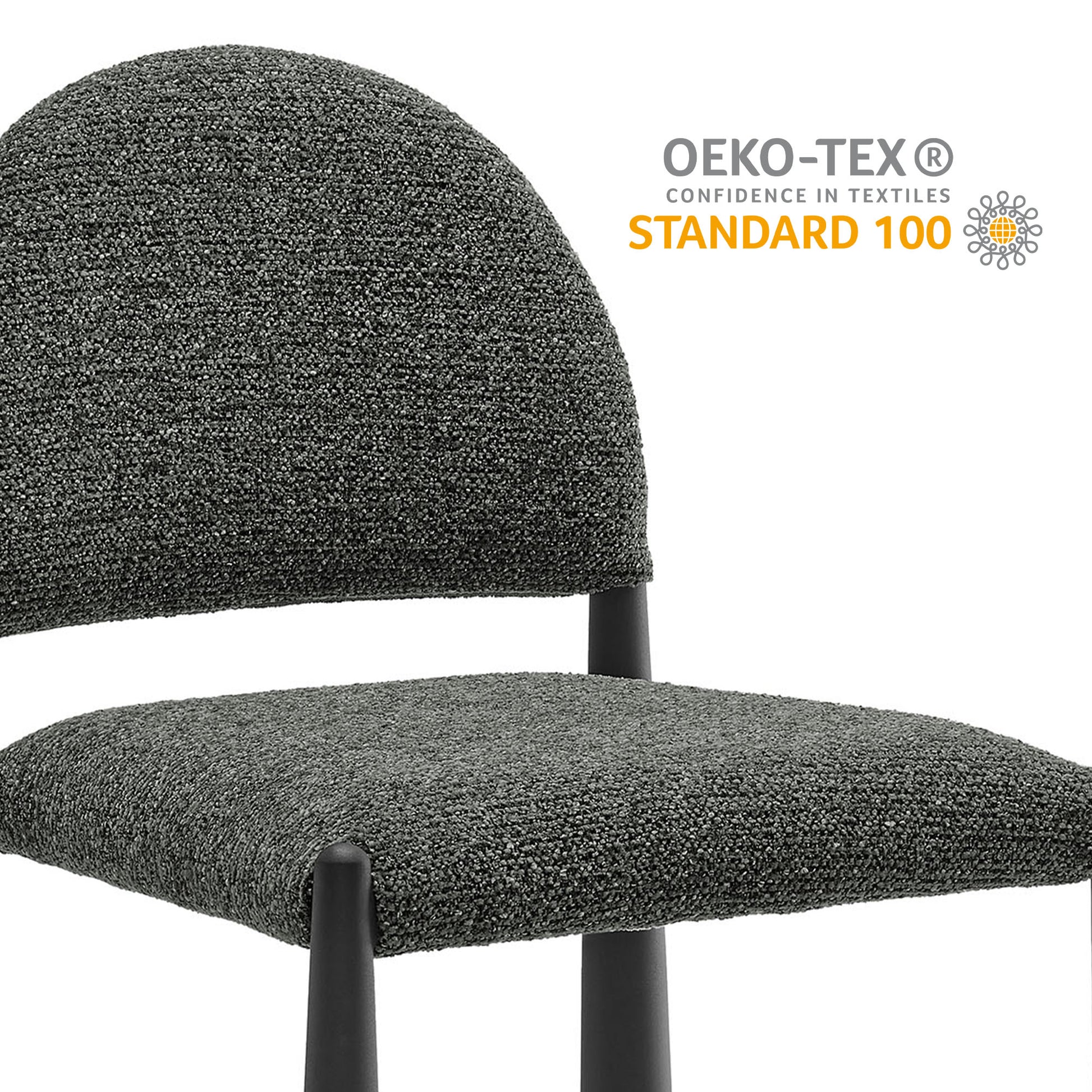 Gray textured fabric dining side chair with rounded back and padded seat, black legs, OEKO-TEX STANDARD 100 badge.