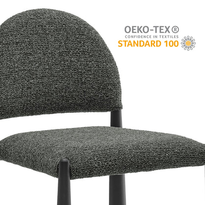 Gray textured fabric dining side chair with rounded back and padded seat, black legs, OEKO-TEX STANDARD 100 badge.