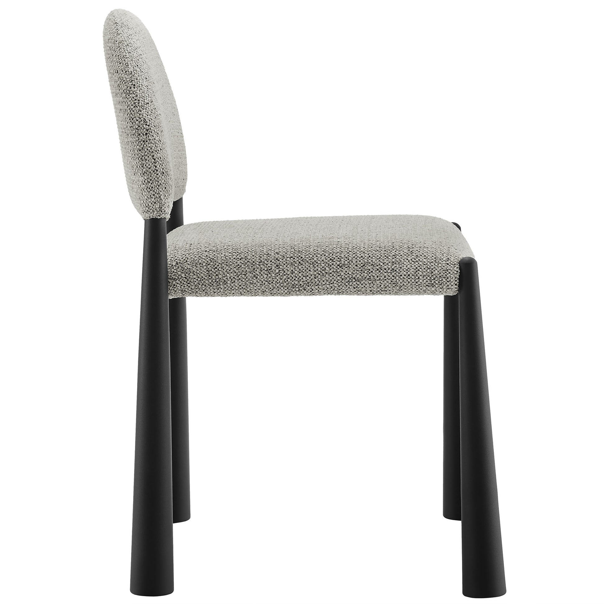 Brown upholstered fabric dining side chair with curved back and black tapered legs.