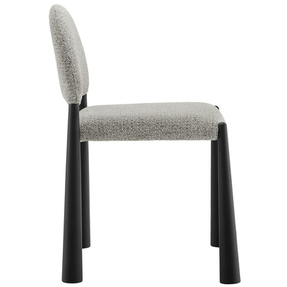 Brown upholstered fabric dining side chair with curved back and black tapered legs.