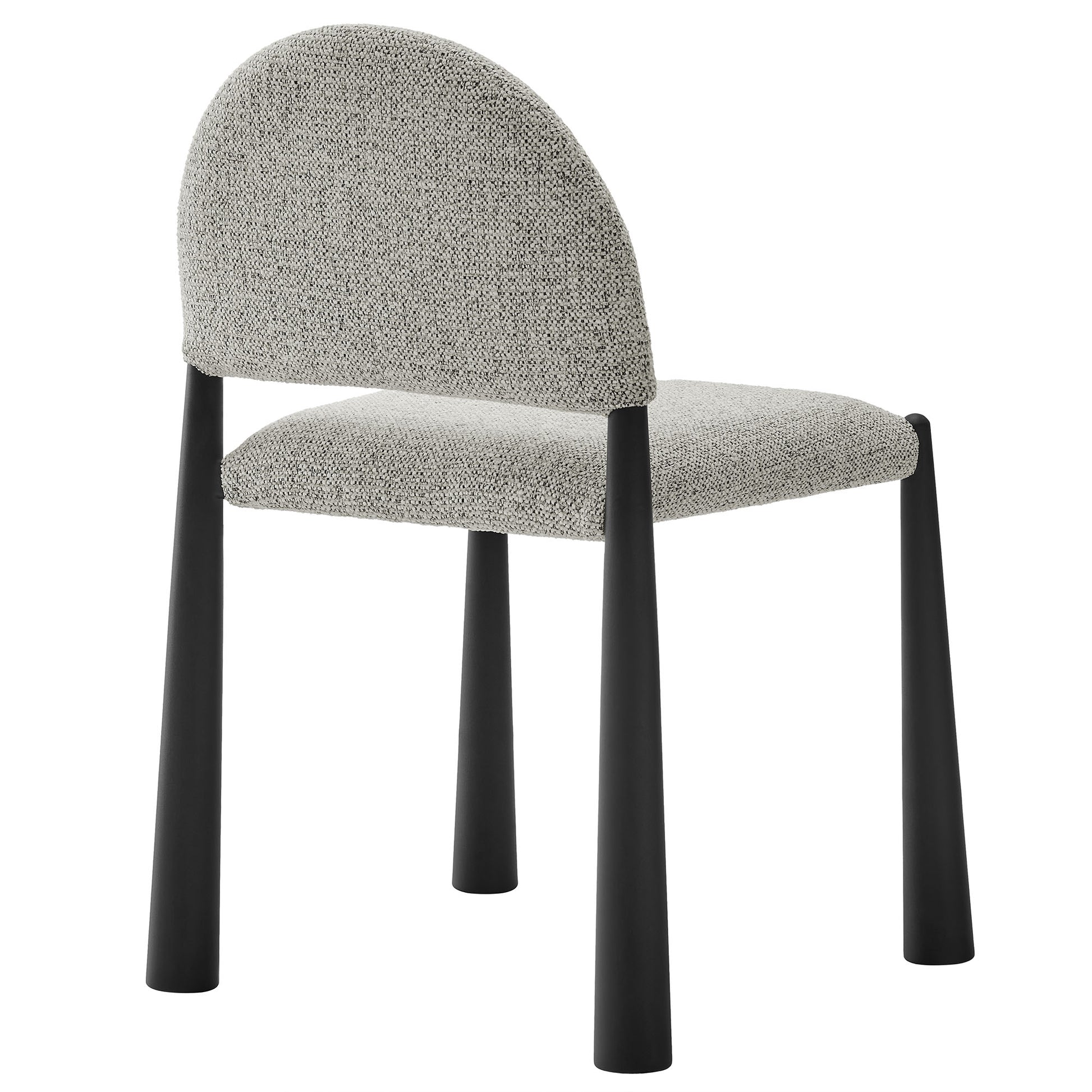 Brown textured upholstered dining chair with curved backrest and black tapered legs.