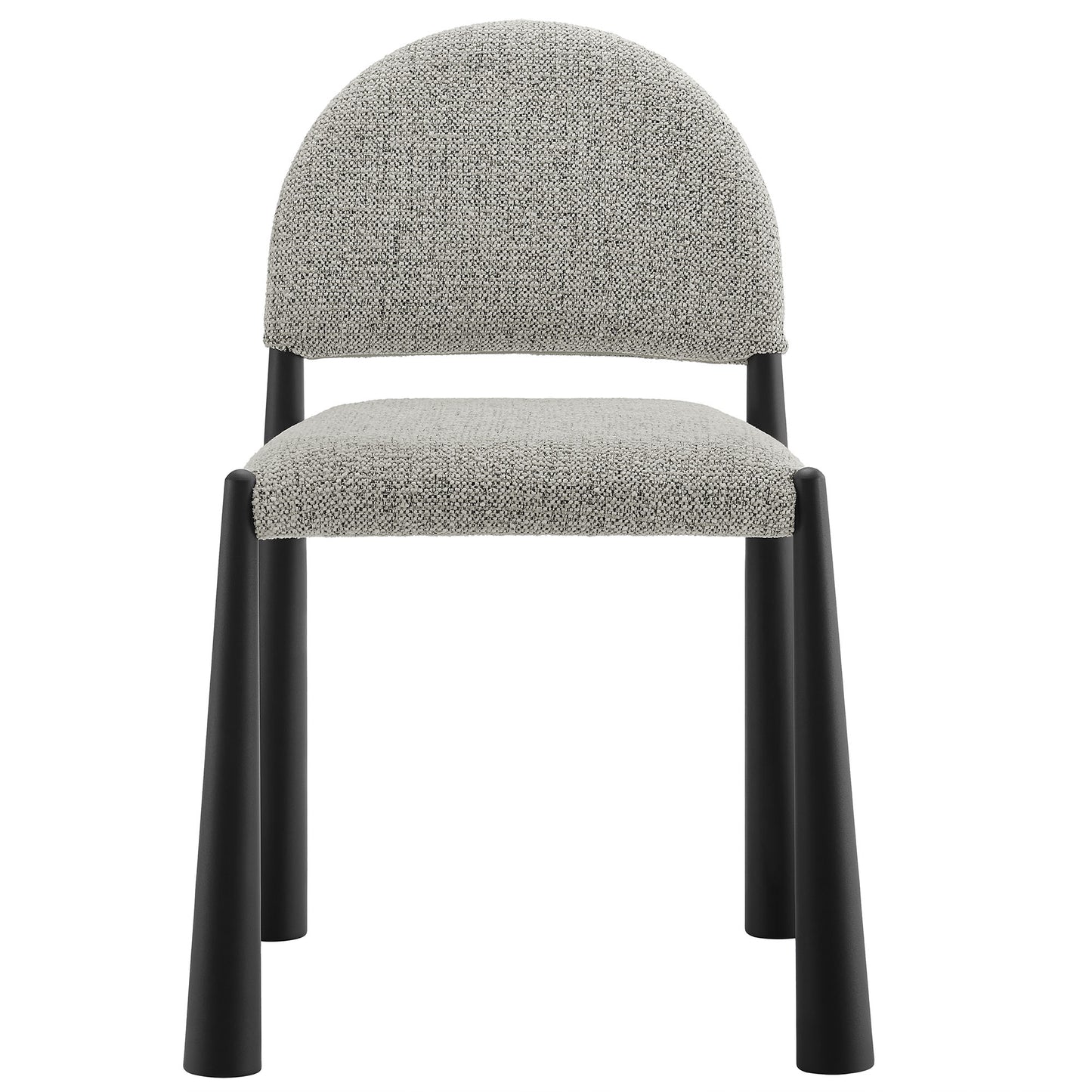 Grey speckled upholstered dining chair with rounded back and black cylindrical legs.