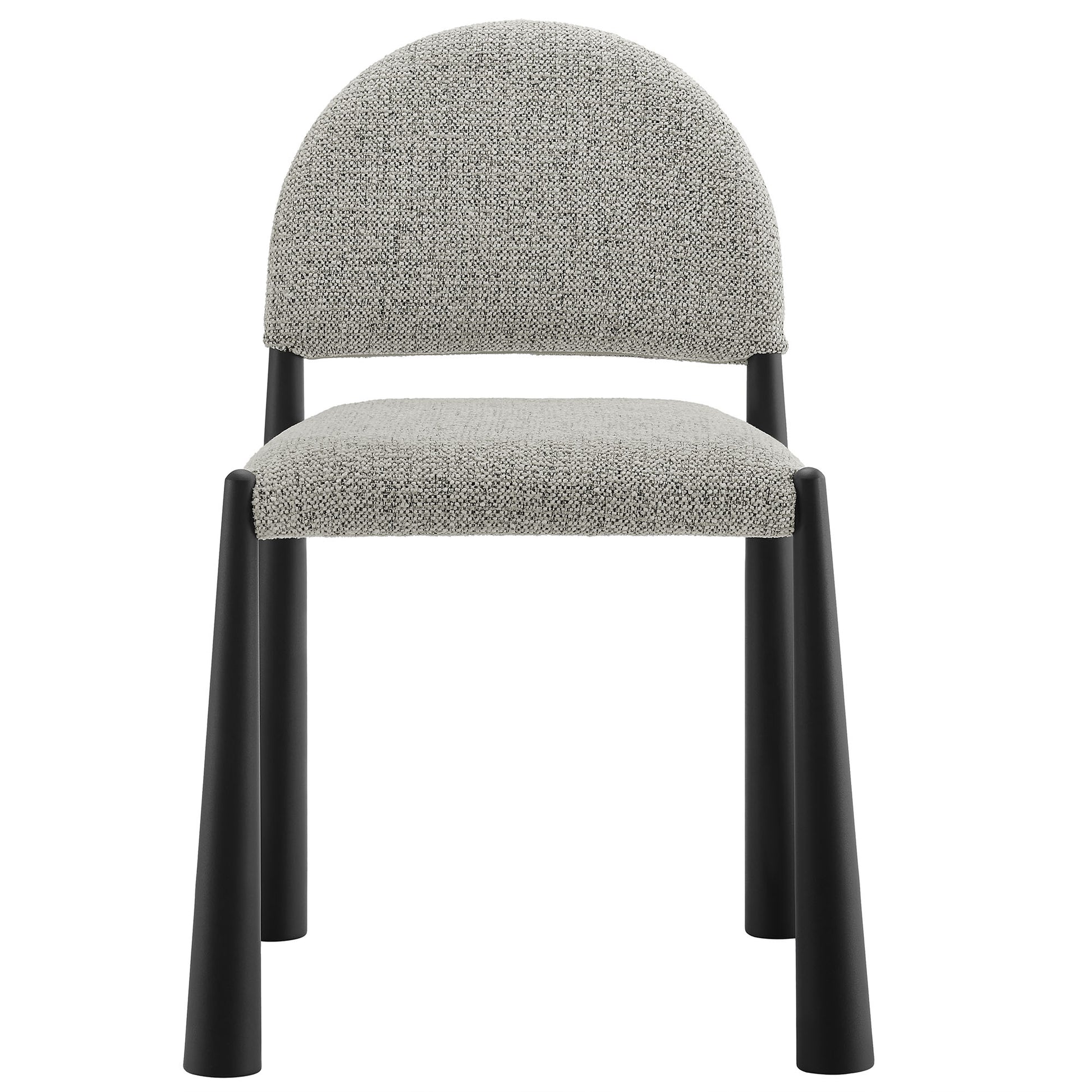 Grey speckled upholstered dining chair with rounded back and black cylindrical legs.