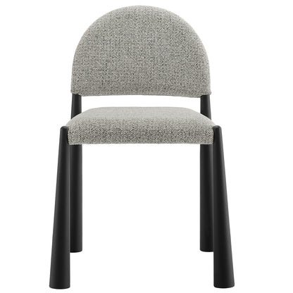 Grey speckled upholstered dining chair with rounded back and black cylindrical legs.