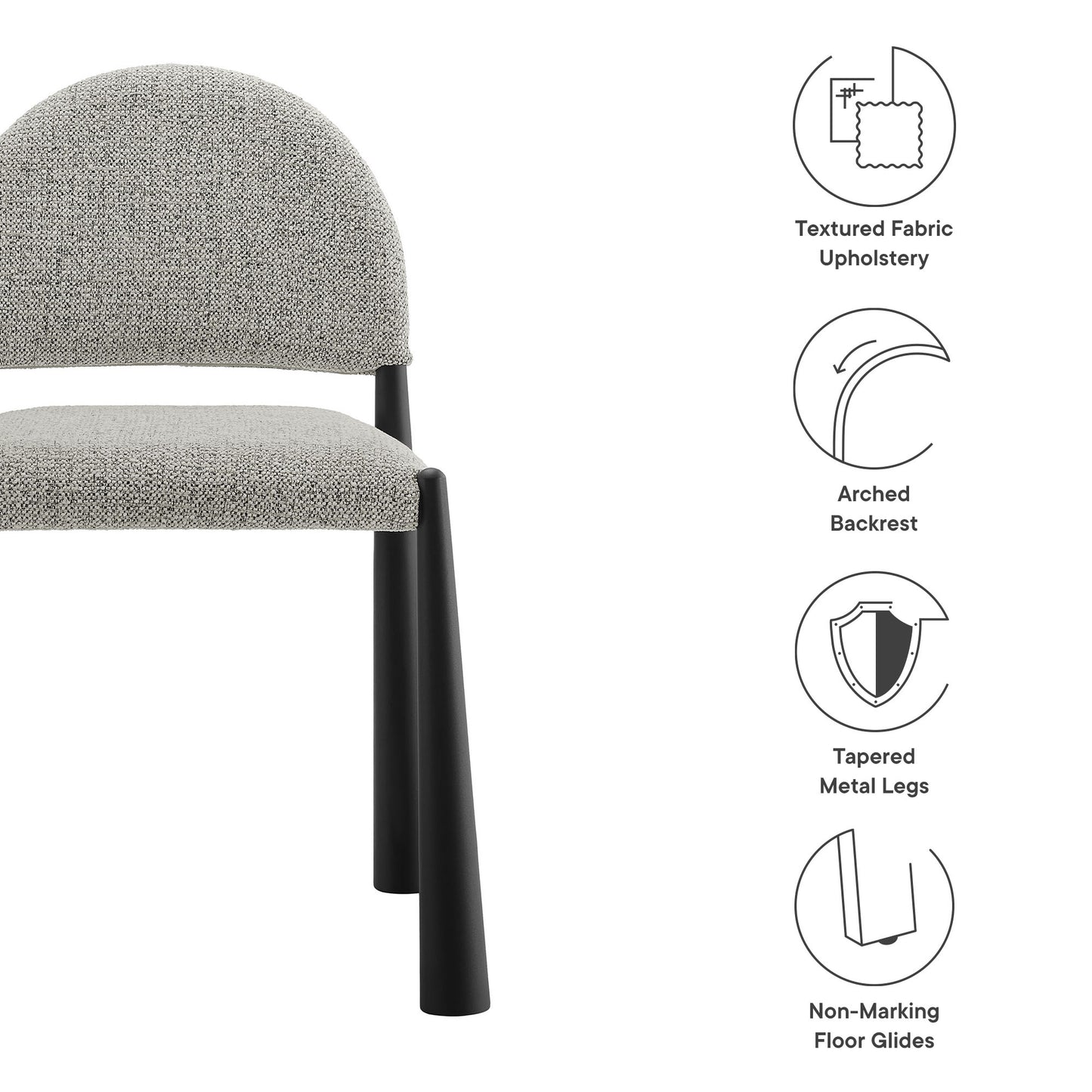 Rounded-back upholstered dining side chair in brown textured fabric with black tapered metal legs; modern dining seating.