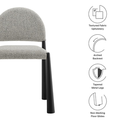 Rounded-back upholstered dining side chair in brown textured fabric with black tapered metal legs; modern dining seating.