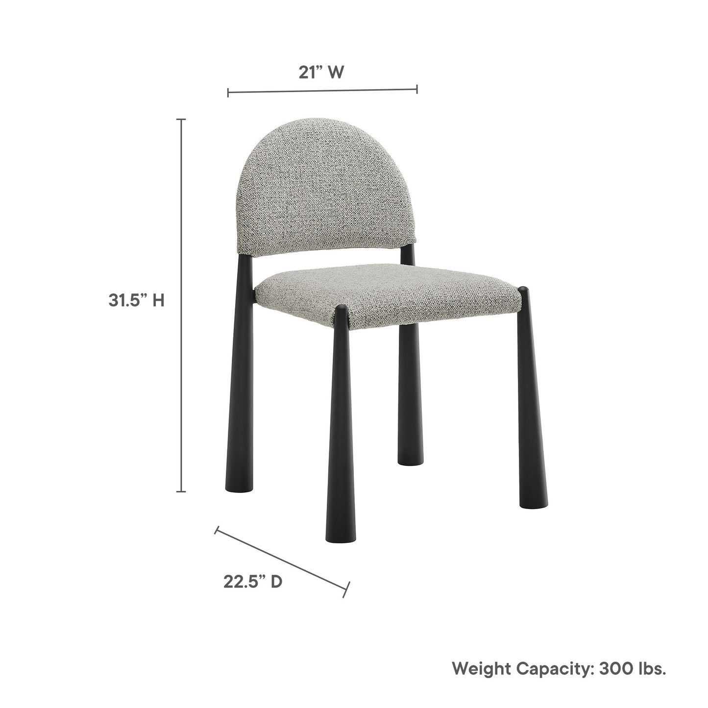 Grey fabric dining chair with rounded back and black tapered legs; 31.5"H x 21"W x 22.5"D.