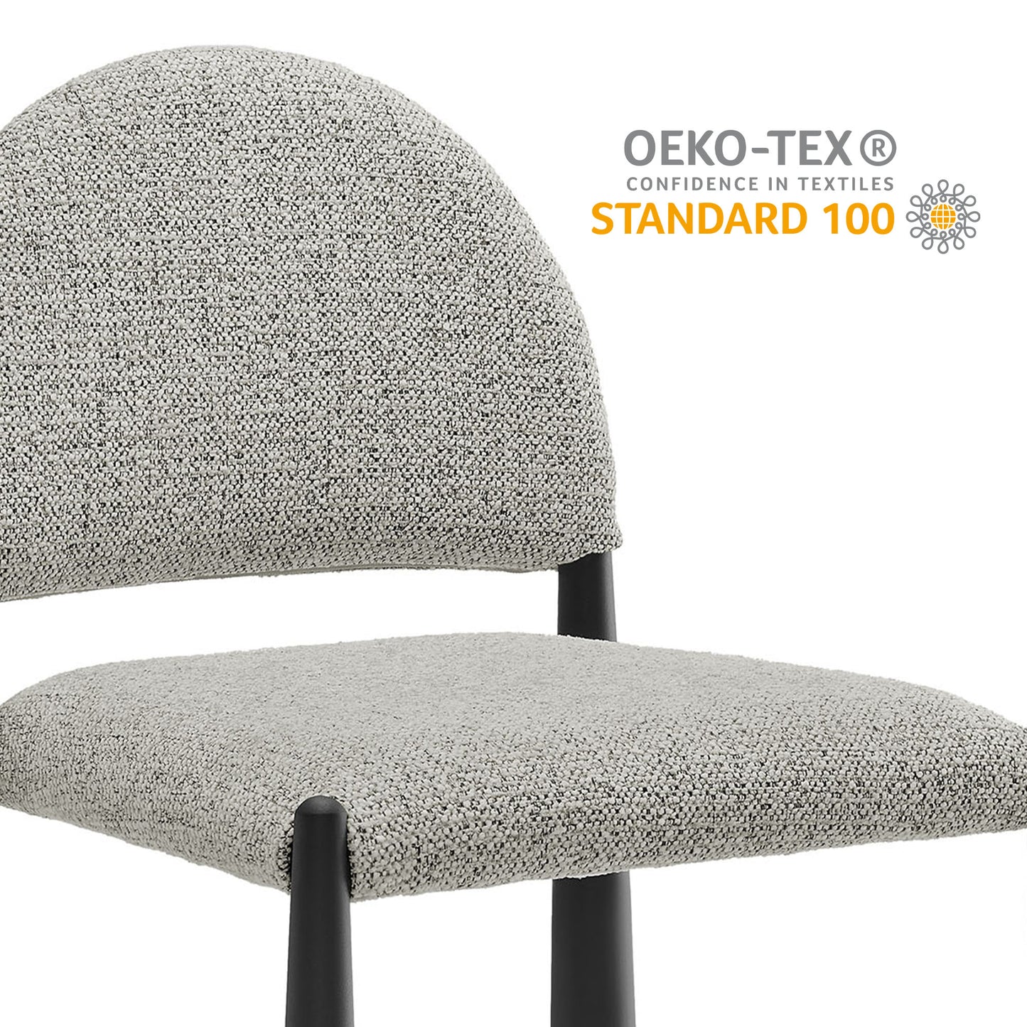 Brown textured upholstered chair with rounded back, padded seat and black metal legs; modern dining/office seating.