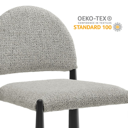 Brown textured upholstered chair with rounded back, padded seat and black metal legs; modern dining/office seating.